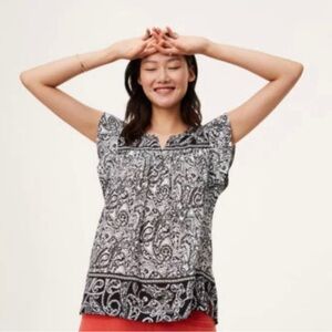 LOFT Pullover Short Flutter Sleeve Blouse Black White Paisley Petite LARGE Boho